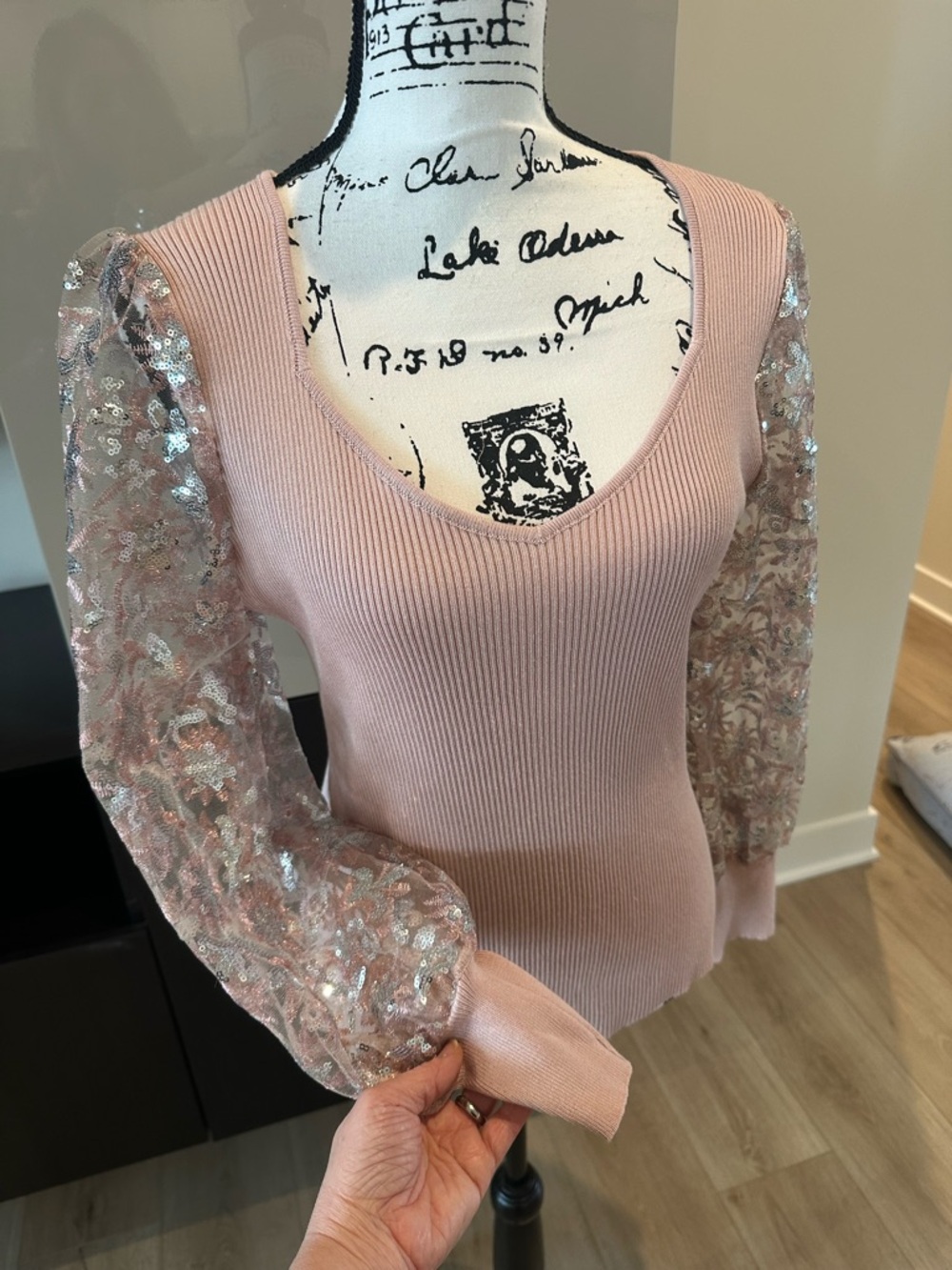 Absolutely Famous Blush Pink V-Neck Sweater with Sheer Floral Sleeves - Picture 10 of 10